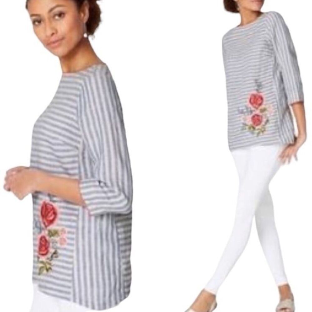 J. Jill Linen Embroidered Striped Floral Shirt Blouse
